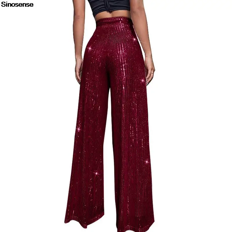 Women High Waist Sequin Sparkle Flared Pants Casual Loose Wide Leg Bell Bottom Trousers Glitter Bling Clubwear Party Shiny Pants