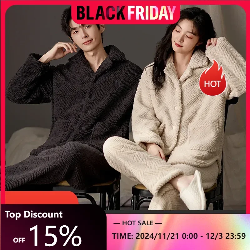 Coral Velvet Couple Pajamas Winter Thickened Warm Flannel Winter Homewear Suit Pocket Zipper Loose Warm Button