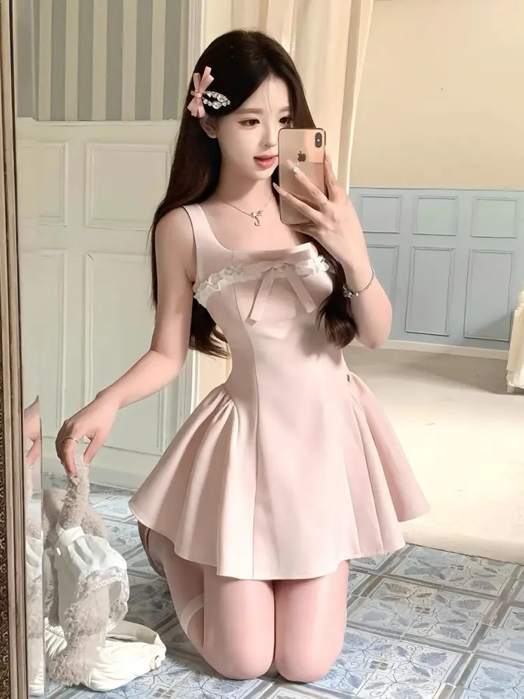 

Japan Sweet French Lace Stitching Bow Suspender Dress Women'S New Summer New Waist Slimming A-Line Skirt