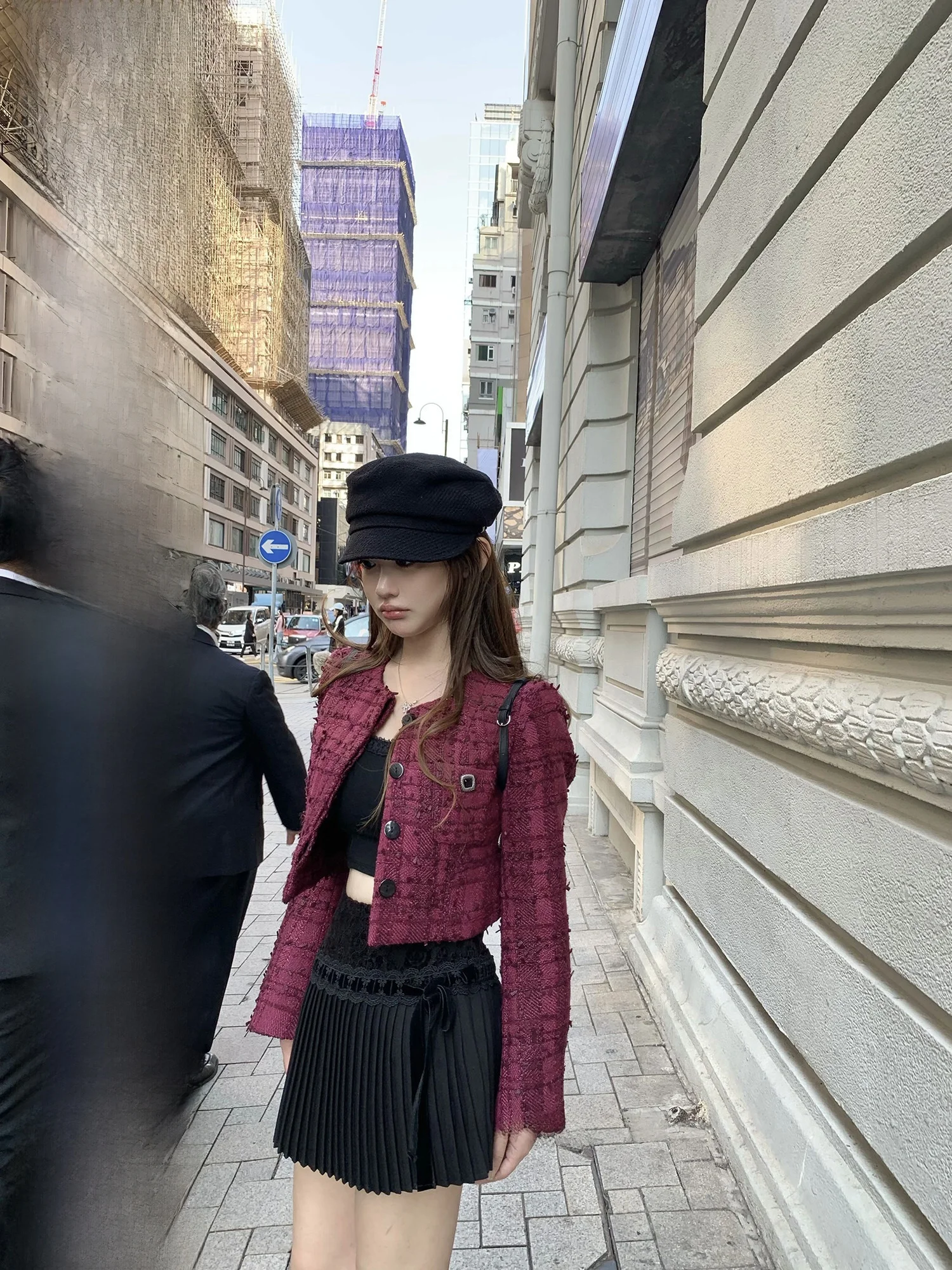 

Wuuus Purple Good Lu Color Thiened Tweed ort Coat Women's Stand Fit Outerwear Long Sve Button Plaet Spring Season