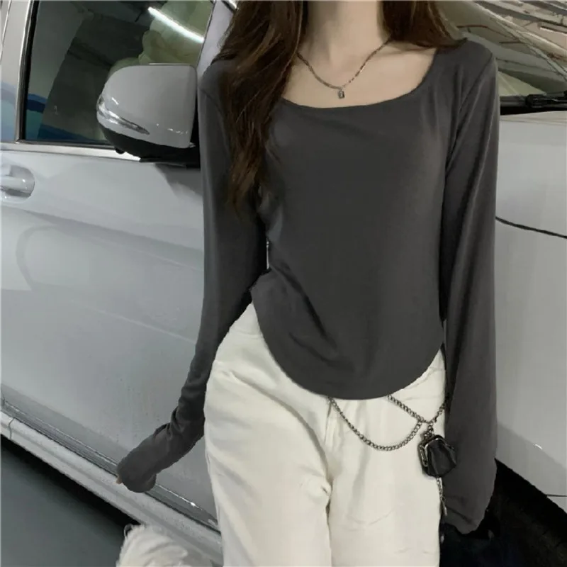 Women Scoop Neck Long Sleeve T Shirt Irregular Curved Hem Slim Fit Casual Basic Crop Tops Autumn Winter Blouse