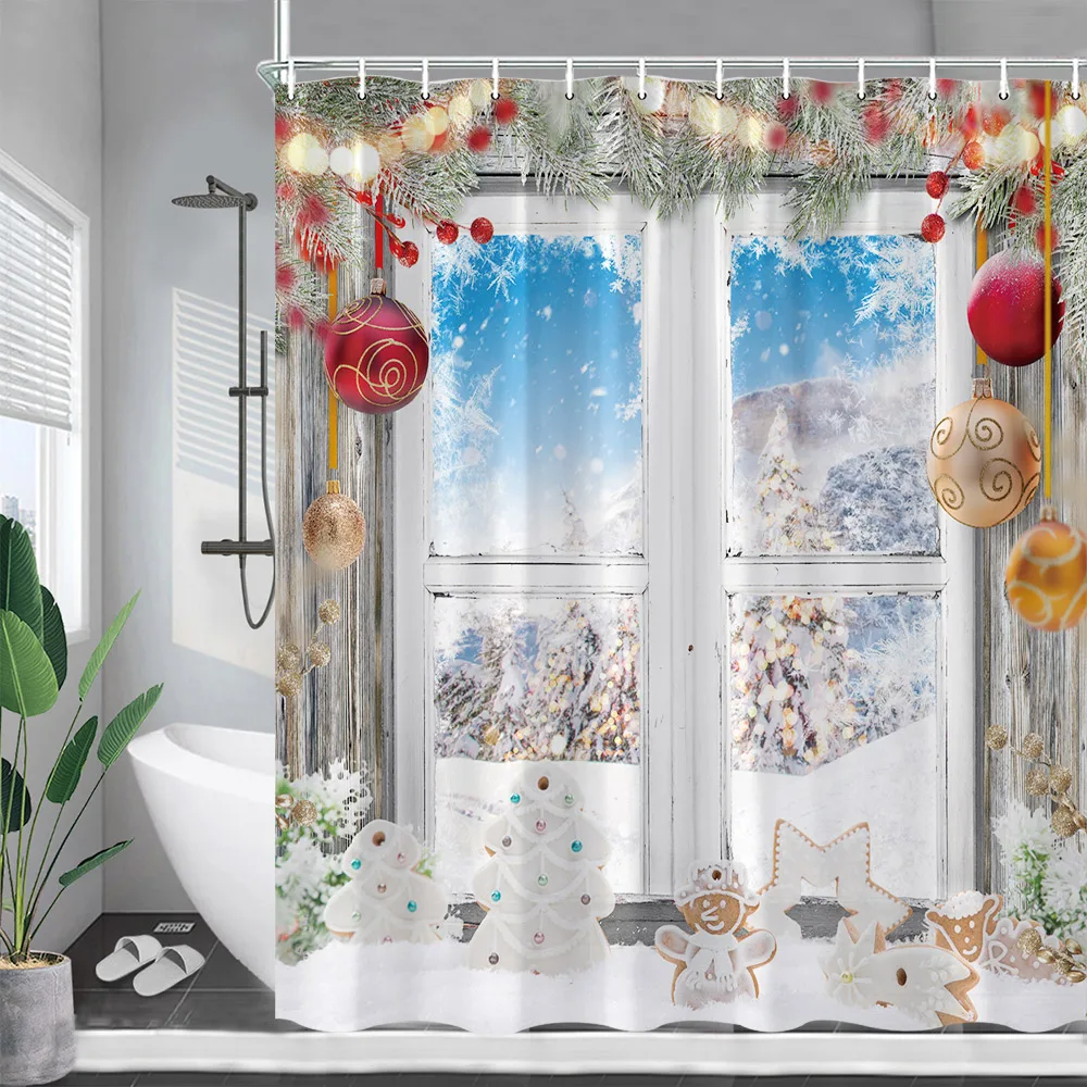 Christmas Shower Curtains Cute Snowman Gift Xmas Tree Window Winter Forest Landscape New Year Home Bathroom Decor Set With Hooks