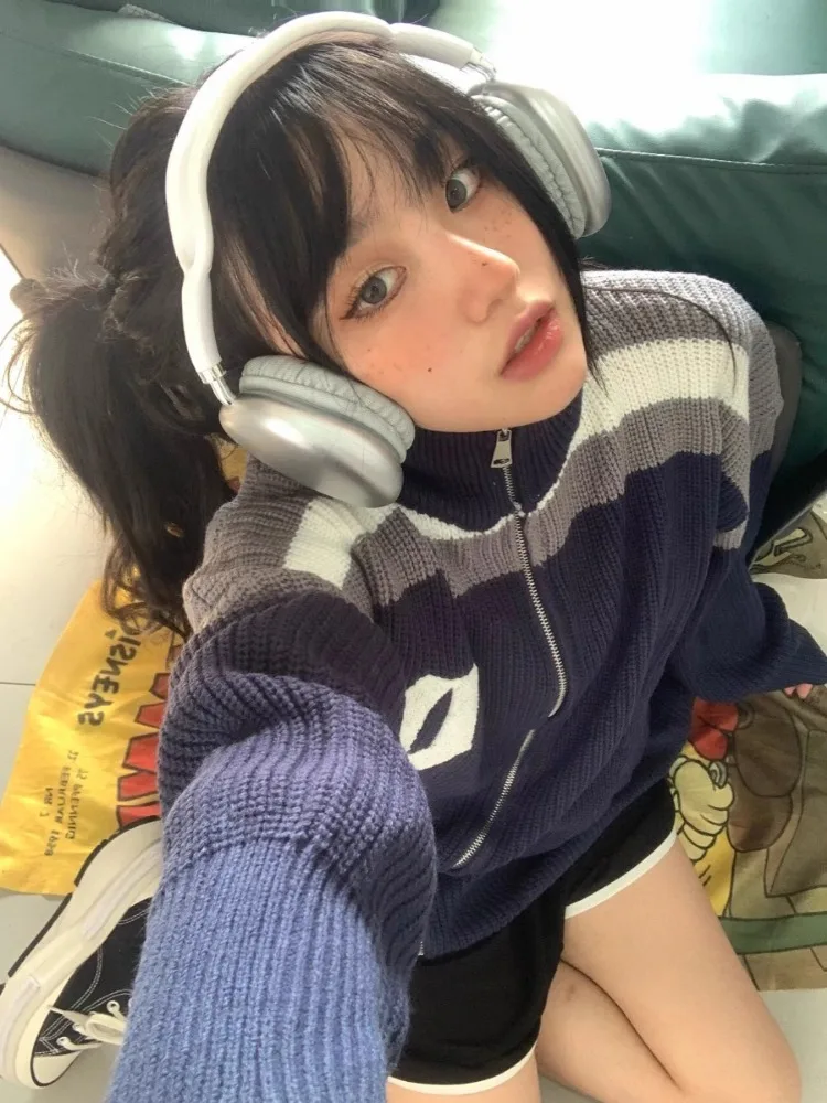 Deeptown Y2k Aesthetic Grunge Knitted Cardigan Women American Retro Streetwear Embroidery Hip Hop Patchwork Sweater Autumn 2024