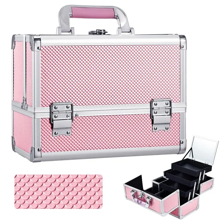 

Makeup Train Case Cosmetic Box 11.8 Inches Jewelry Organizer Professional 3 Tiers Trays with Mirror and Brush Holder Lockable Ke