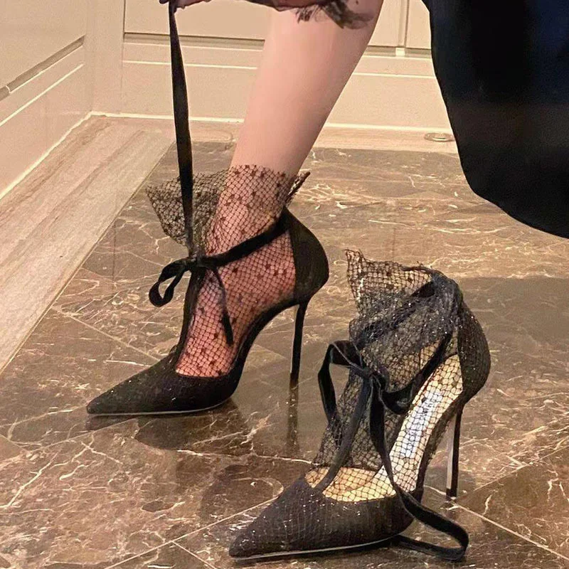 

Breathable lace mesh high heels for women 2025 new summer trendy sandals with pointed thin heels and mesh face Roman cool boots