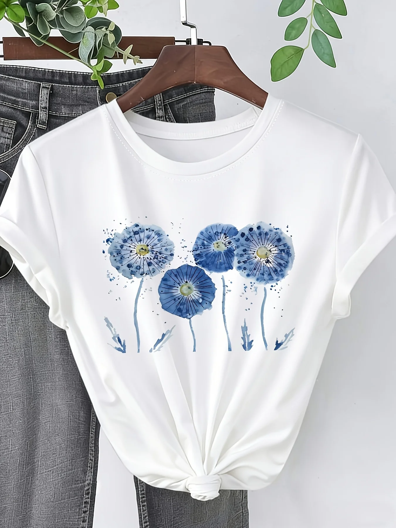 Women 2026 Spring Summer Elegant Women's New T-Shirt Fresh Natural and Artistic Hand-Painted Blue Watercolor Dandelion Print