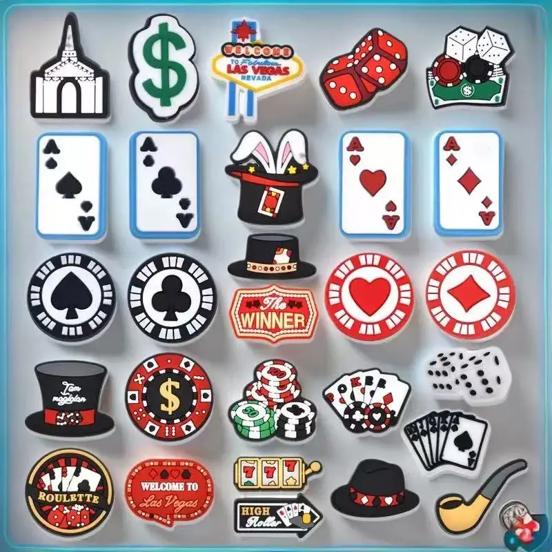 26-100pcs Wholesale Casino Style Shoe Charms Set, Poker Chip Dice Magic Hat Shoe Decoration Charms For Clog Sandals