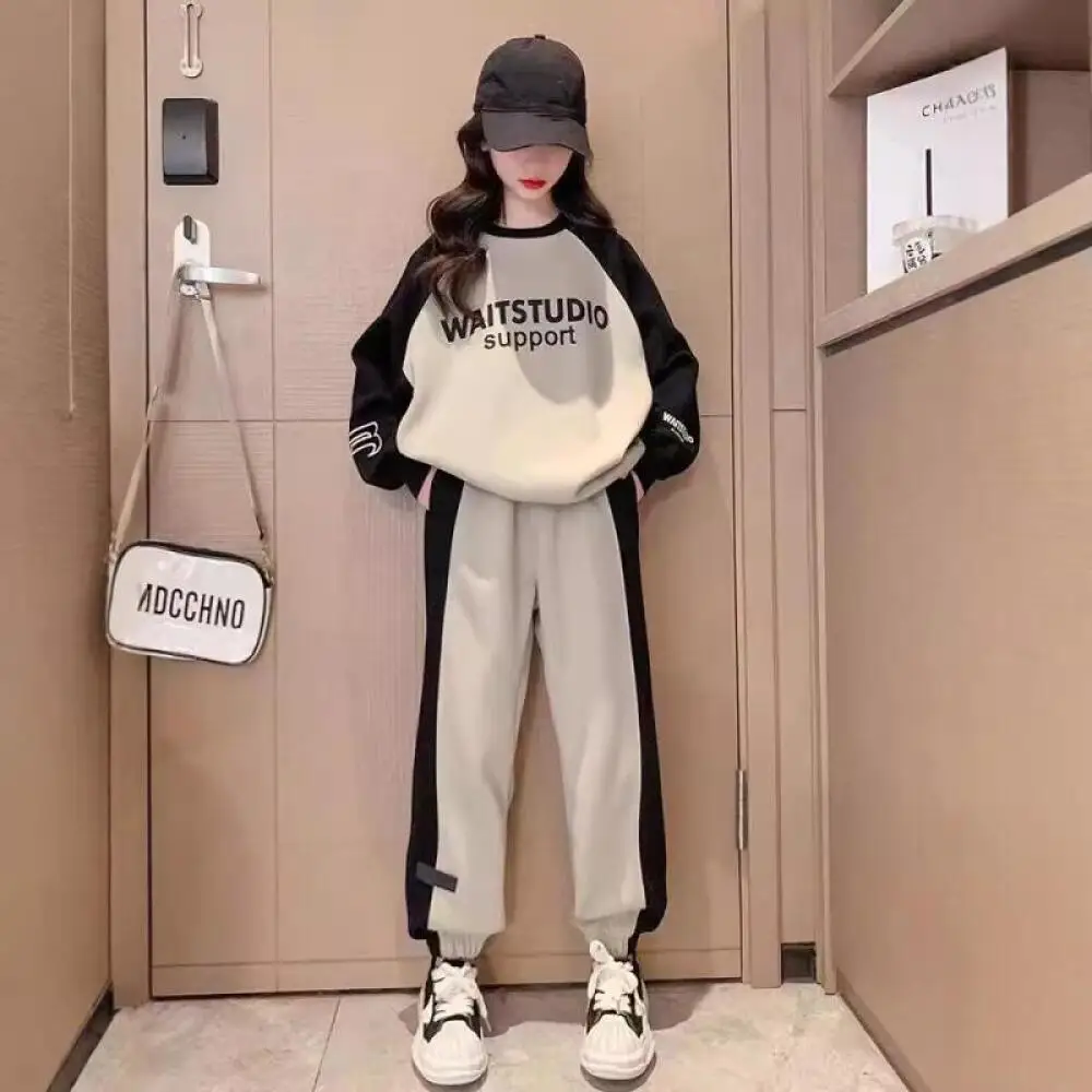 

Kawaii модный пуловер для девочек, комплект со штанами, студенческая весенне-осенняя повседневная футболка, топы, длинные штаны, комплект из 2 предметов, детская одежда