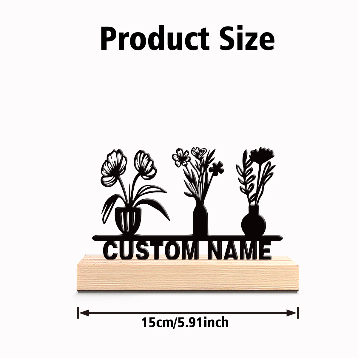 1pc Personalized Custom Three pots of flowers Metal Statues With Wooden Base Tabletop Decoration Nautical Wooden Base Wall Art f