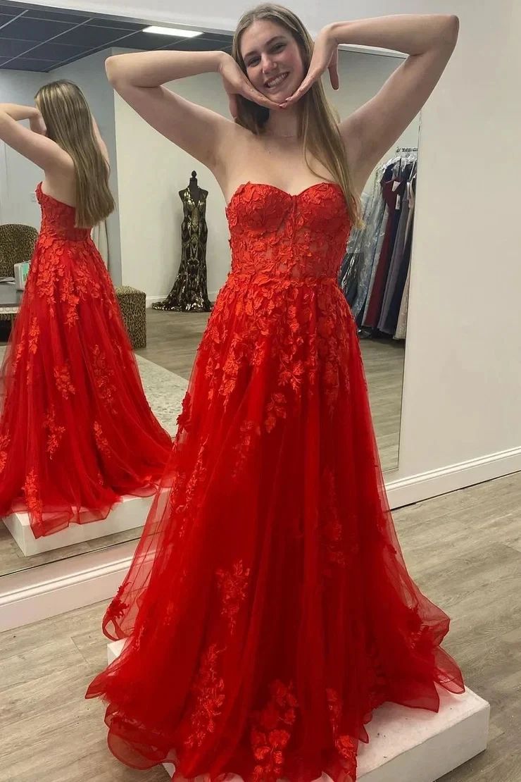 Customized Elegant Red Women Evening Dresses Appliques Tulle Prom Birthday Party Gowns Formal Occasion Vestido De Noche