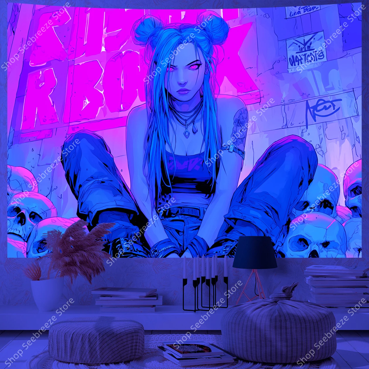 Cyberpunk Blue Haired Girl with Skulls UV Tapestry Edgy Wall Art Decor for Bedroom Living Room Goth Aesthetic Liará Bár Inspired