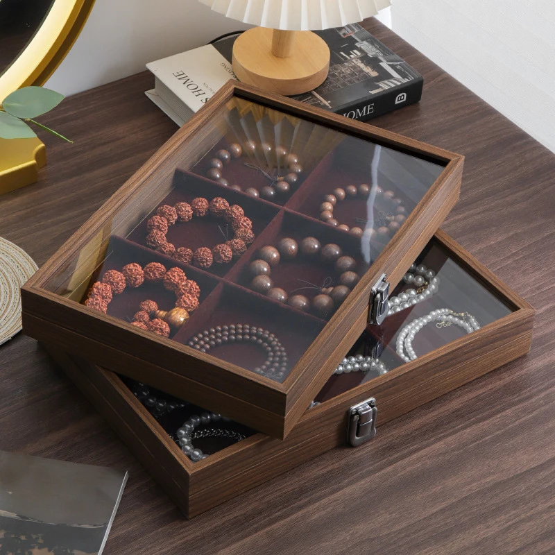 New Trendy Black Walnut Pattern Wooden Glass Dust Proof Jewelry Storage Box For Bracelets And Necklaces Hard PU Leather European
