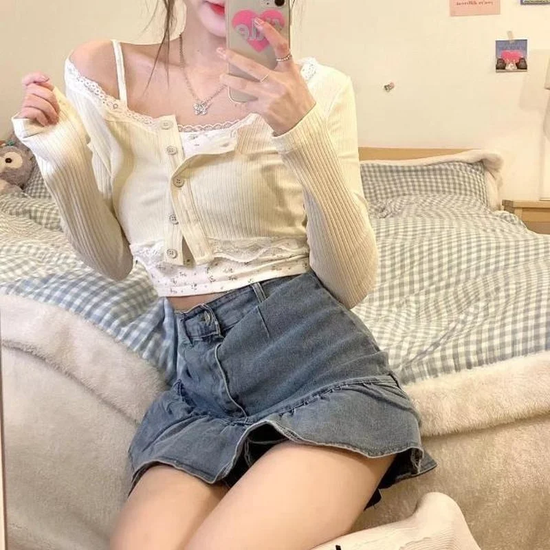 Sets Women Fresh Chic Summer Female Two Piece Single Breasted Cardigan Sexy Girlish Crops Camisole Tender Streetwear Holiday New