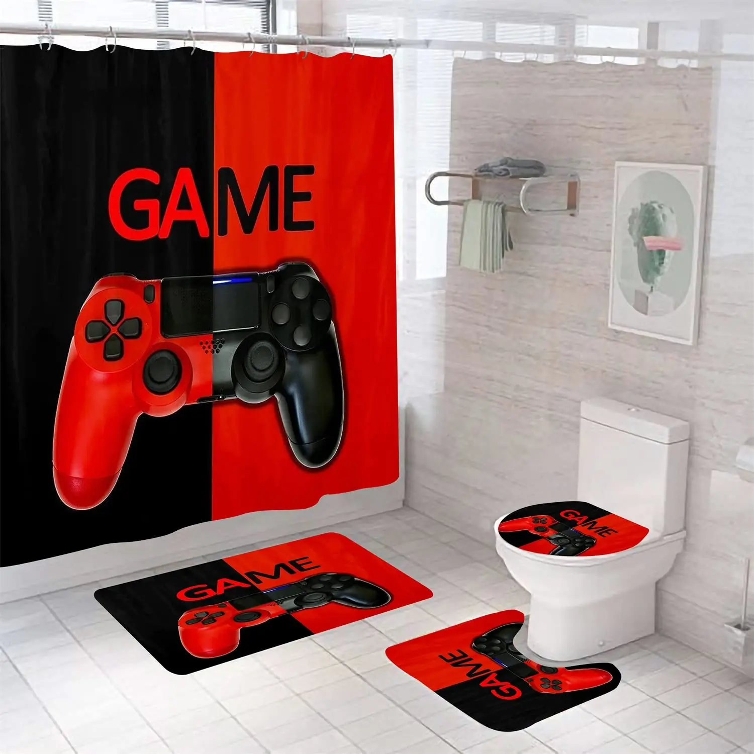 

Крутой игровой набор занавесок для душа с ковриками для декора ванной комнаты, видеоигры, геймпад, занавески для ванной для детей, набор для ванной комнаты для мальчиков, декор