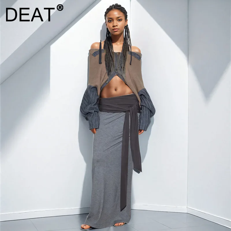 DEAT 2024 Winter Fashion Women's Patchwork Knit V-neck Cardigan Wrinkled High Waist Bandage Design Long Skirt Female 33A2200