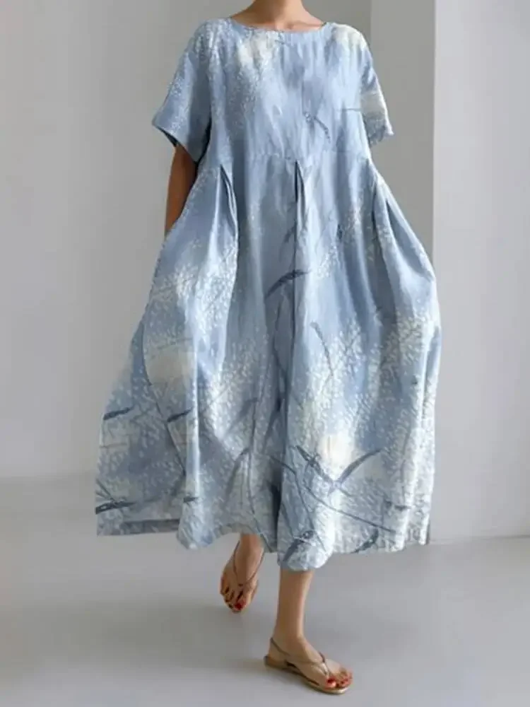 

2026 New Women's Round Neck Long Casual Summer Large Size Fresh Fish Print Street Vacation Short-Sleeved Dress