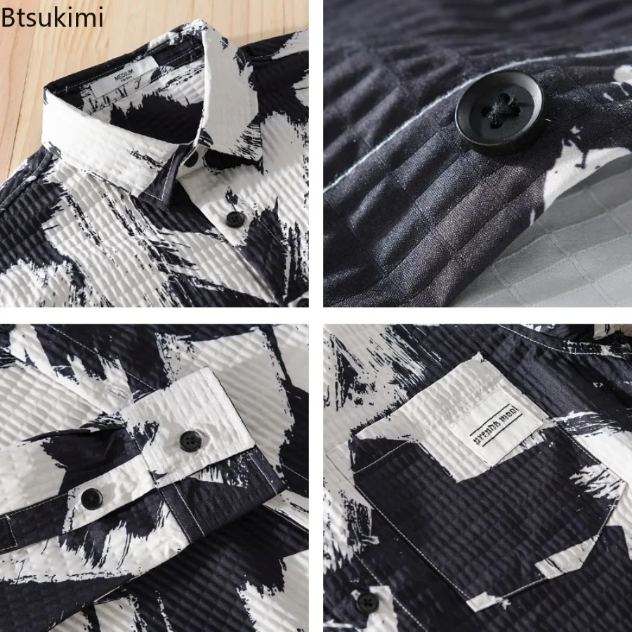 جديد ربيع الخريف الرجال عالية الجودة قمصان طويلة الأكمام موضة التلبيب فضفاض قميص غير رسمي معاطف طباعة مخطط الذكور سترة القمم