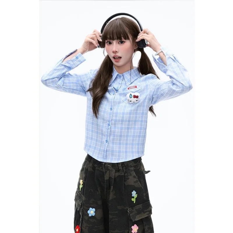 سانريو مرحبا كيتي المرأة القمصان متعة قلادة طويلة الأكمام بلايز Y2k امرأة الملابس الأمريكية قصيرة العصرية منقوشة امرأة البلوزات #5