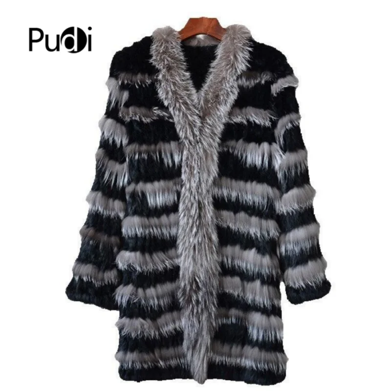 

Pudi CT7025knit Knitted Real Rabbit & Silver Fox Fur Coat Jacket Overcoat Women's Long Winter Warm Genuine Fur Coat Ourwear