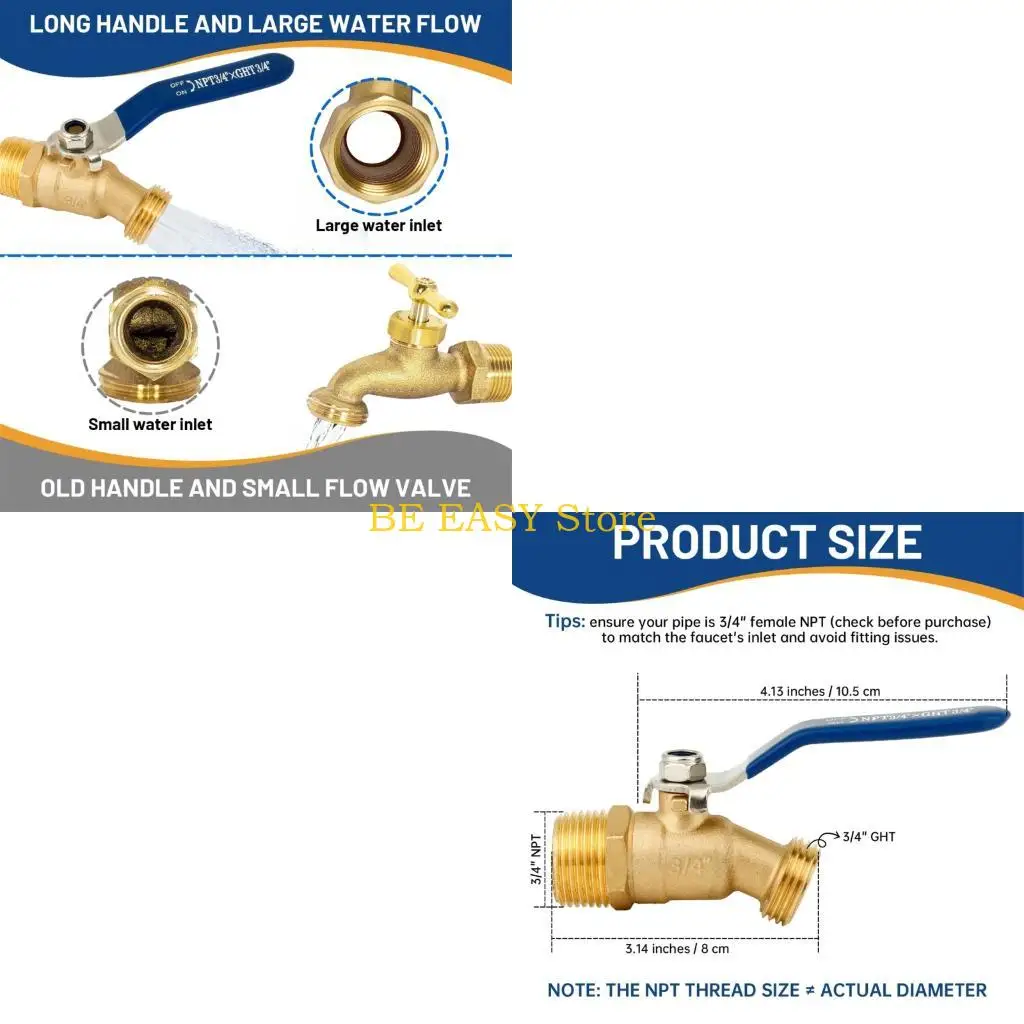 E28F Brass Hose Faucet Shut Off Valves with Quarter Turn Handle, Outdoor Ball Water Control and Male Threaded End Design for