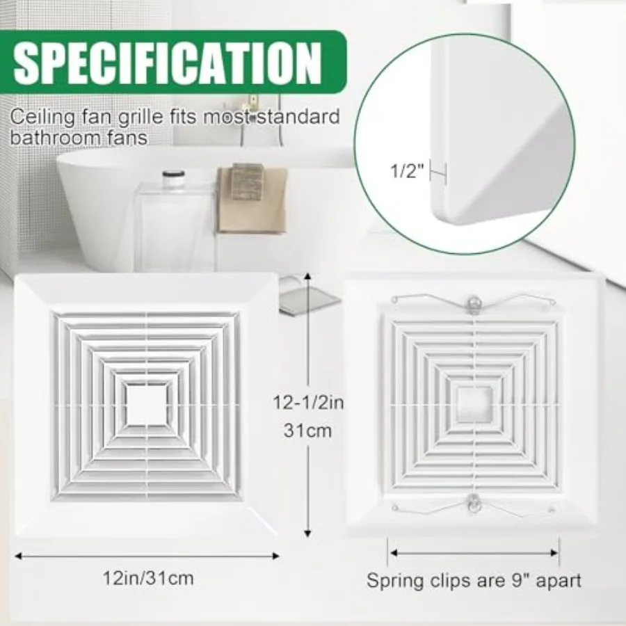 1-Piece ""es Bathroom Ehaust Fan Cover with Spring, Square Ceilg or Wall Mounted Ehaust Fan, Ceilg Fan, Grille, Air Diffuser, D view 3