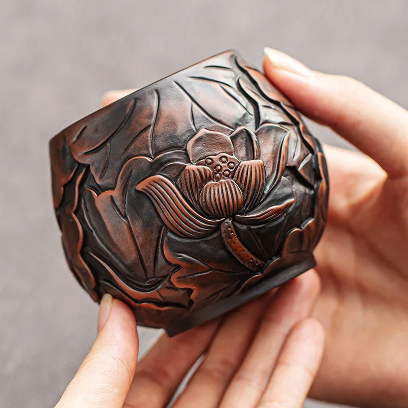 220ML Lotus Pure Handmade Carving Purple pottery Jianshui Master Cup Household Tea Cup Handmade Tea Bowl Smelling Cup Teaset