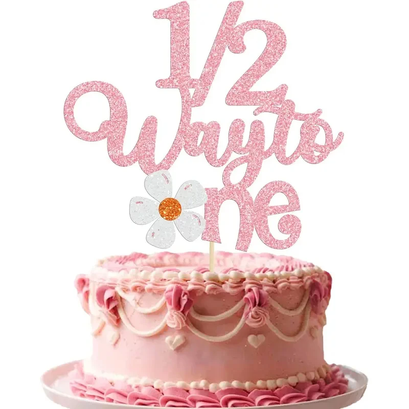 1Pc Daisy Half Way to One Cake Topper,Glitter Happy 6 Months Birthday Cake Pick 1/2 Half Birthday Cake Decoration, Baby Shower