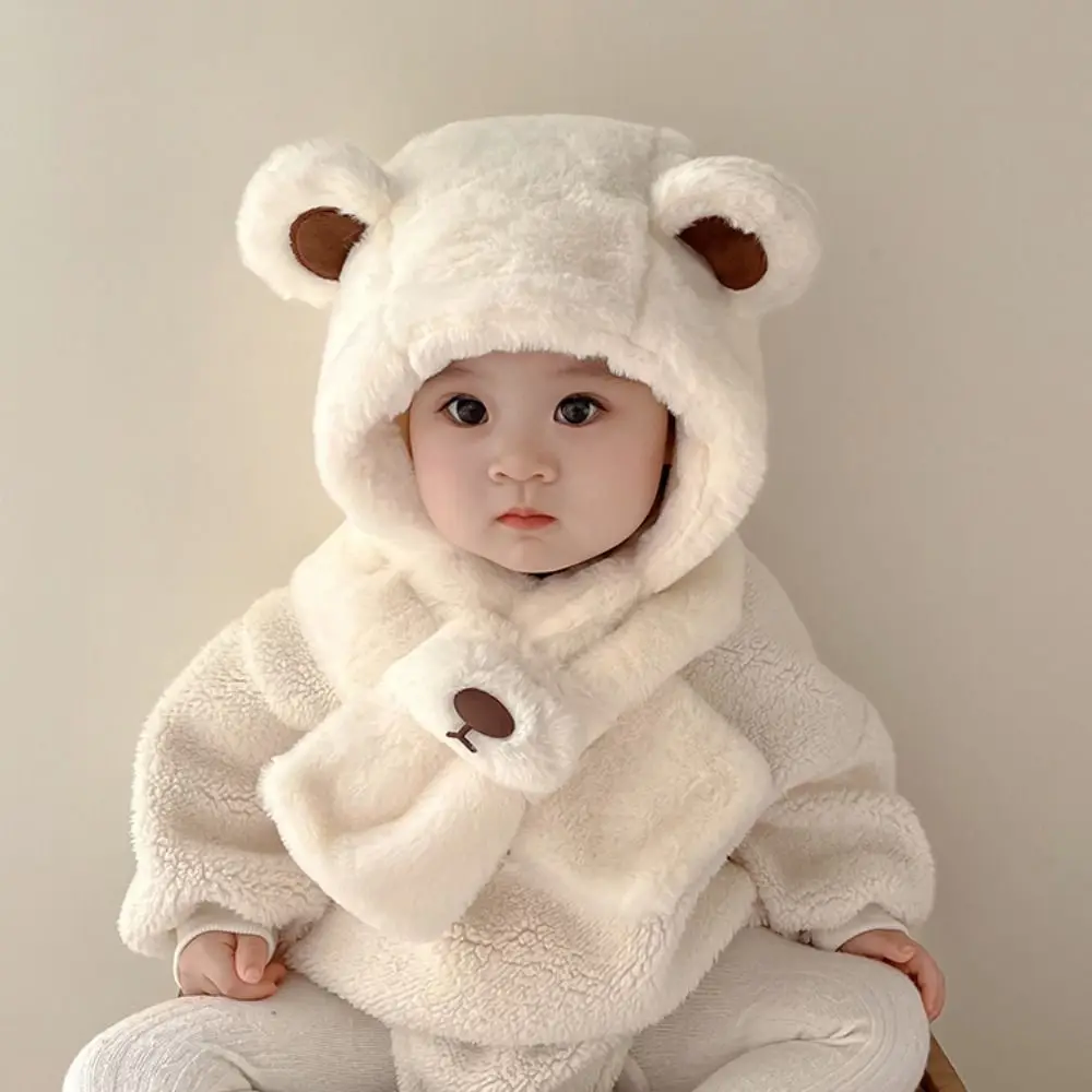 

Solid Color Bear Plush Hat Fashion Design Korean Style Children Fleece Hat Cloth Accessories Cartoon Plush Hat with Scarf