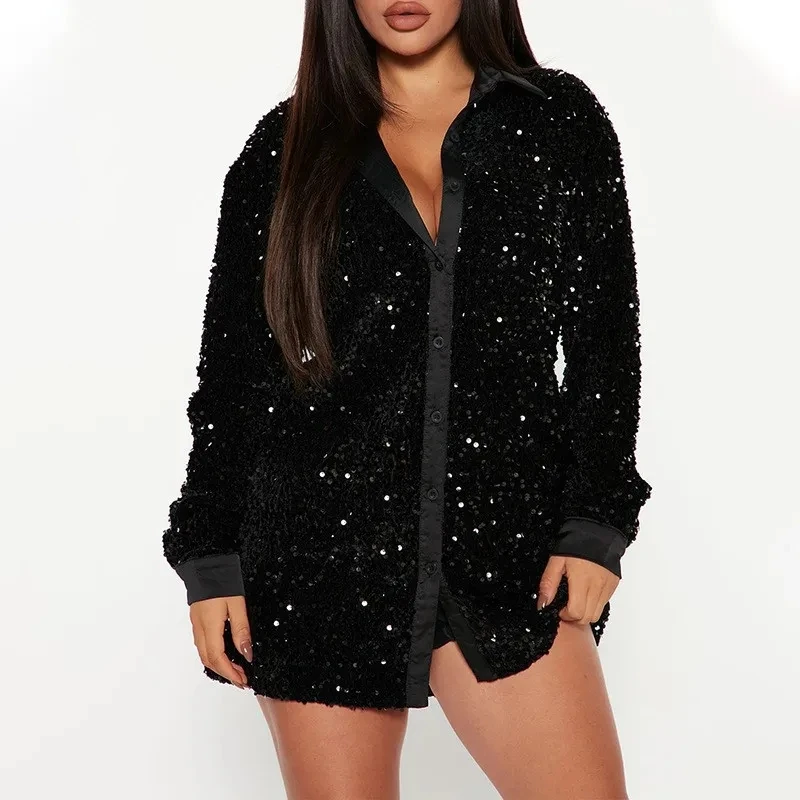

2025 New Sequin Long Sleeve Single Row Button Women Top Party Gathering Fashion Black