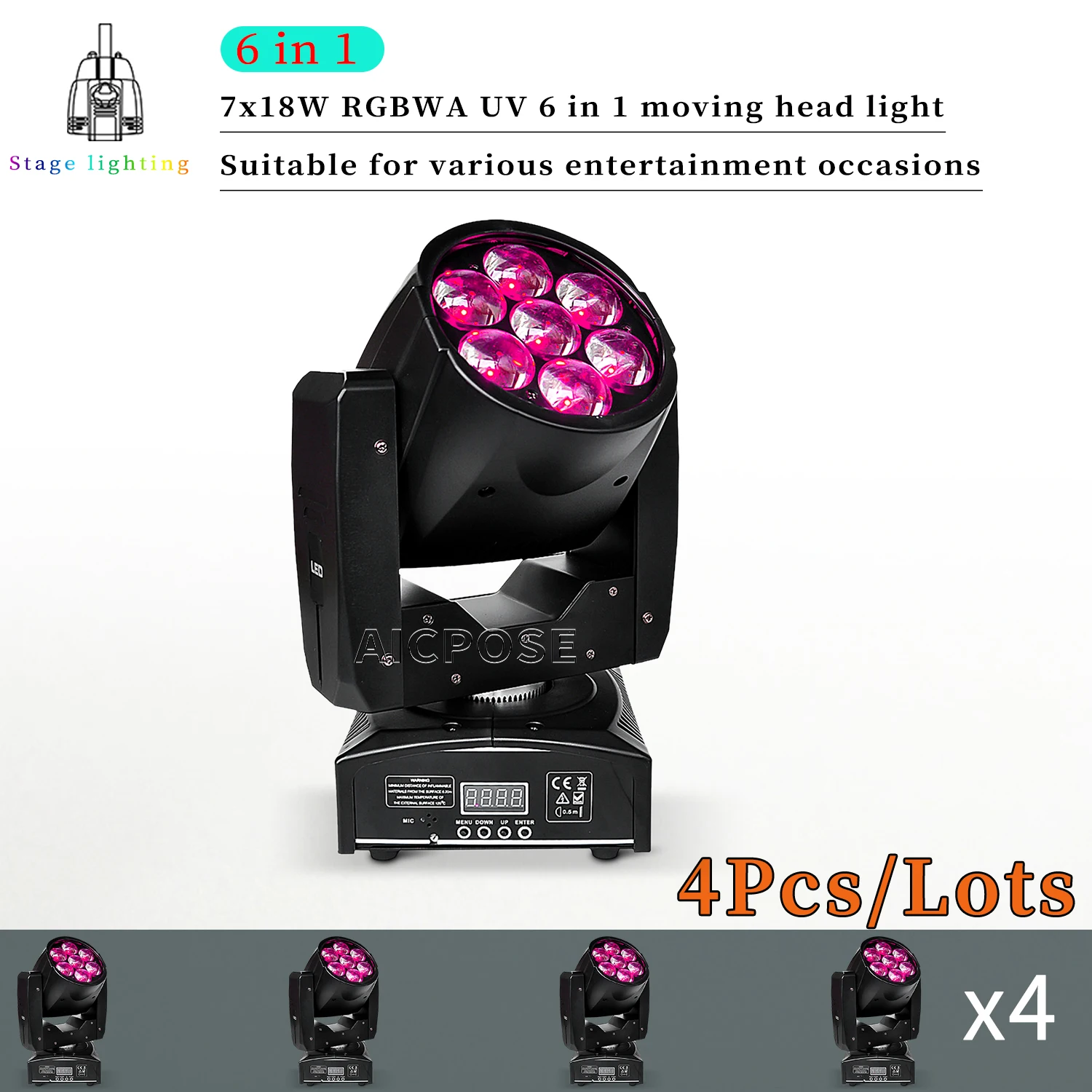 4Pcs/Lots 7x15W RGBW 4 in 1 LED Moving Head Light Zoom Stage Light DMX Control DJ Disco Equipment Party Dance Floor Lighting