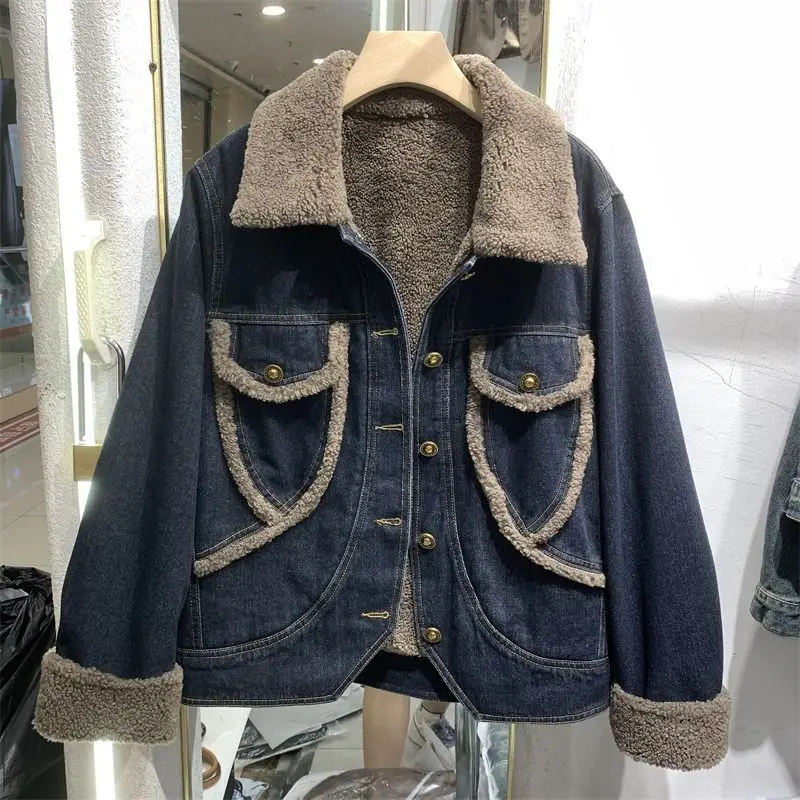 Denim Patchwork Lamb Wool Warm Jackets For Women 2025 Ropa Mujer Korean Turn Down Collar Outwear Fashion Casual All Match Coat