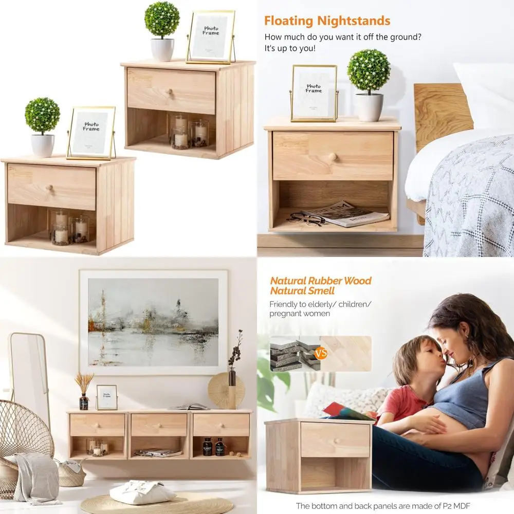 

Natural Solid Wood Nightstands Set of 2 for Bedroom, Small Nightstand with Drawer and Open Shelf, Farmhouse Style