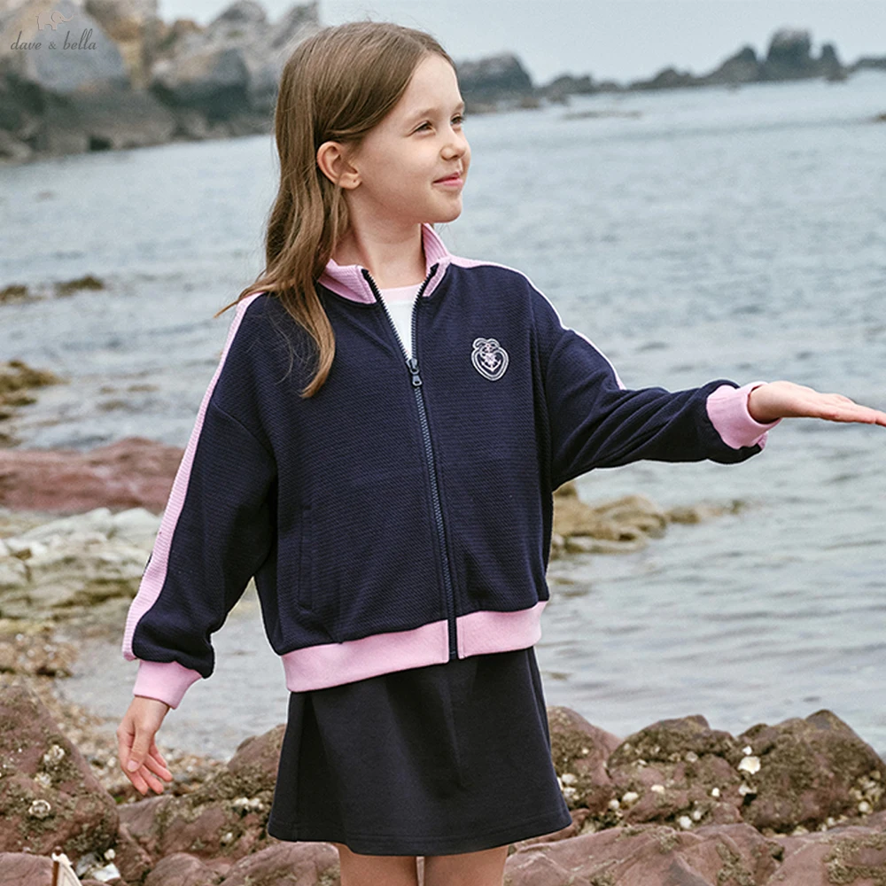 Dave Bella Childrens Spring Knitted Jacket Girls Pink Autumn Casual Cardigan Coat Outdoor Clothes Kids Outwear DK1260873