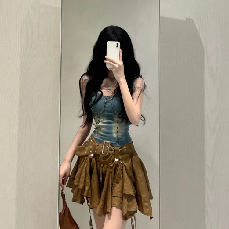 Fashion Heavy Slim Fit Denim Camisole Vest+ Y2k E-Girl High Waist Irregular Ruched Skirts 2024 Spring New Two Piece Sets