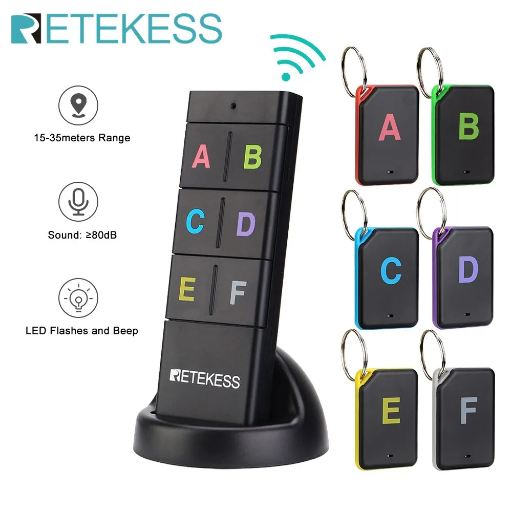 Retekess TH104 Wireless Key Finder RF Key Locator Pet Tracker Wallet Tracker Remote Control 1 RF Transmitter 6 Receiver