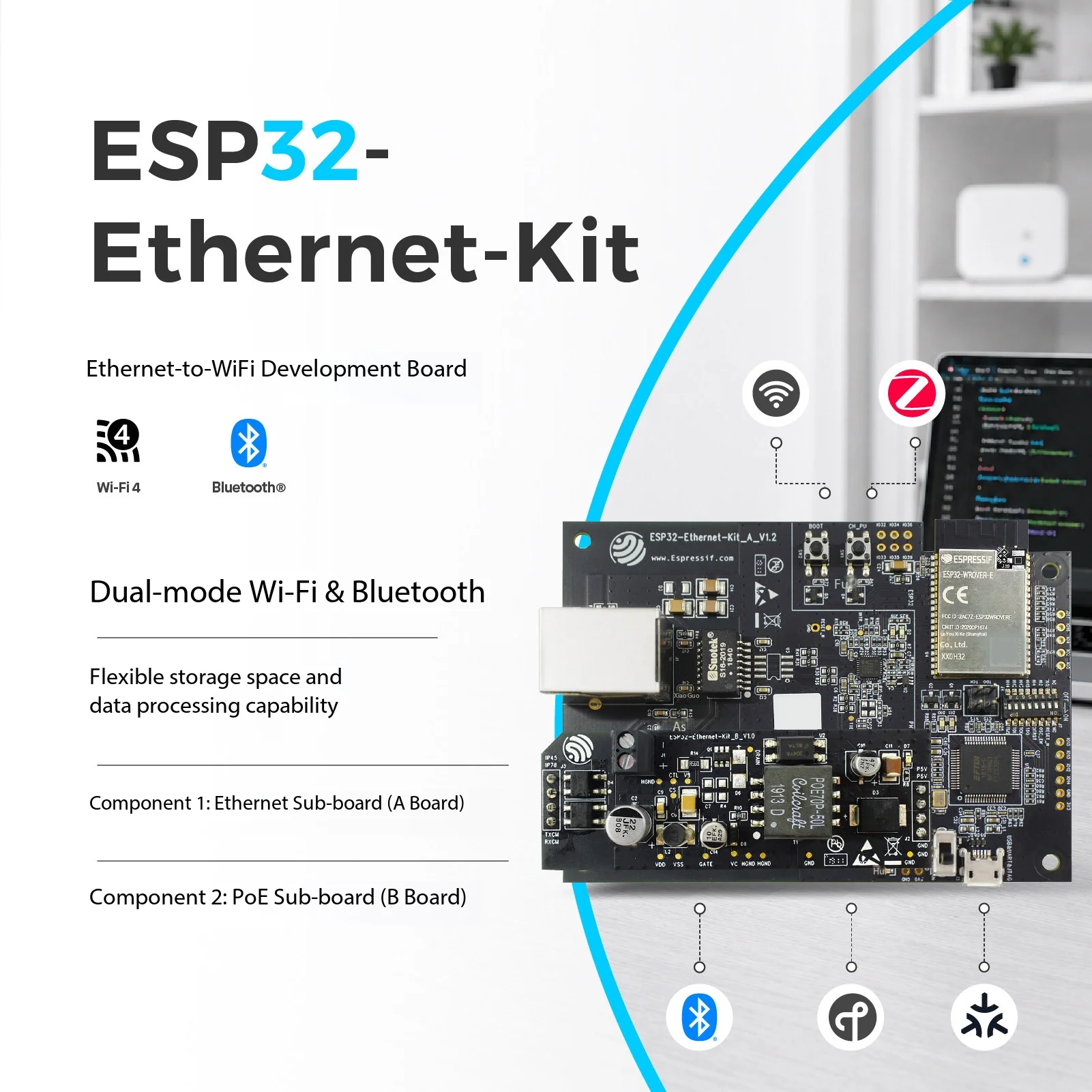 Espressif ESP32-Ethernet-Kit PoE Dev Board ESP32-WROVER Wi-Fi 4 Bluetooth Dual Mode for Lab Teaching IoT Prototyping
