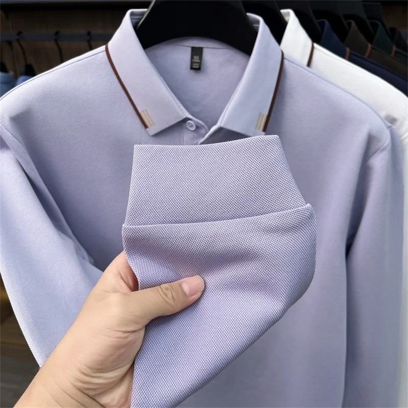 Hochwertiges Herren-Poloshirt aus weicher Baumwolle, Herbst-Neuheit, einfarbig, langärmelig, mit Kragen, modische Business-Herrenbekleidung – Detail 19