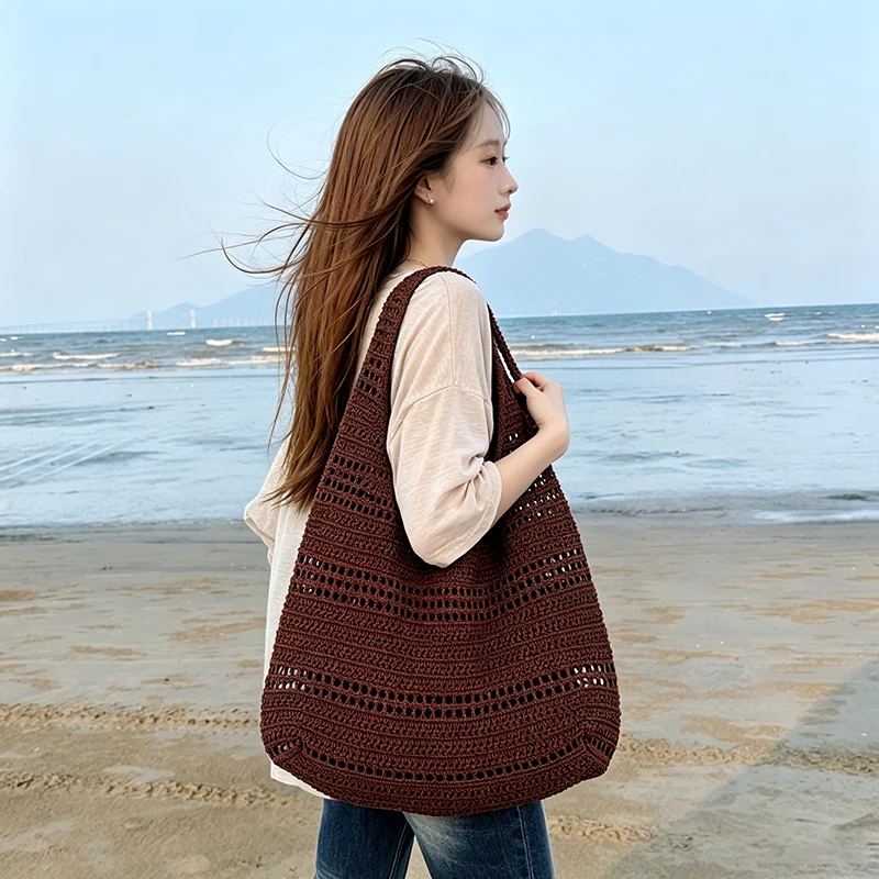 Hohlgestrickte Unterarm-Schultertasche, koreanische Damen-Handtasche, süß, niedlich, schlicht, einfarbig, gewebte Handtasche, lässige Tragetasche für Pendeln und Reisen – Detail 3