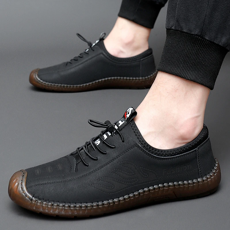 Mocasines de cuero elástico sin cordones para hombre, zapatos informales de suela gruesa de alta calidad, estilo británico para conducir