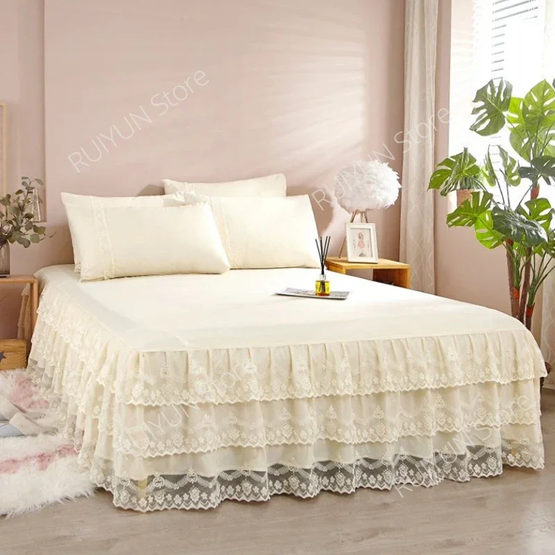 3 Layers Bed Skirt Lace Ruffled Bed Skirt Couvre Lit Bedroom Bed Cover with Surface Non-slip Mattress Cover Bedsheet Bedspread