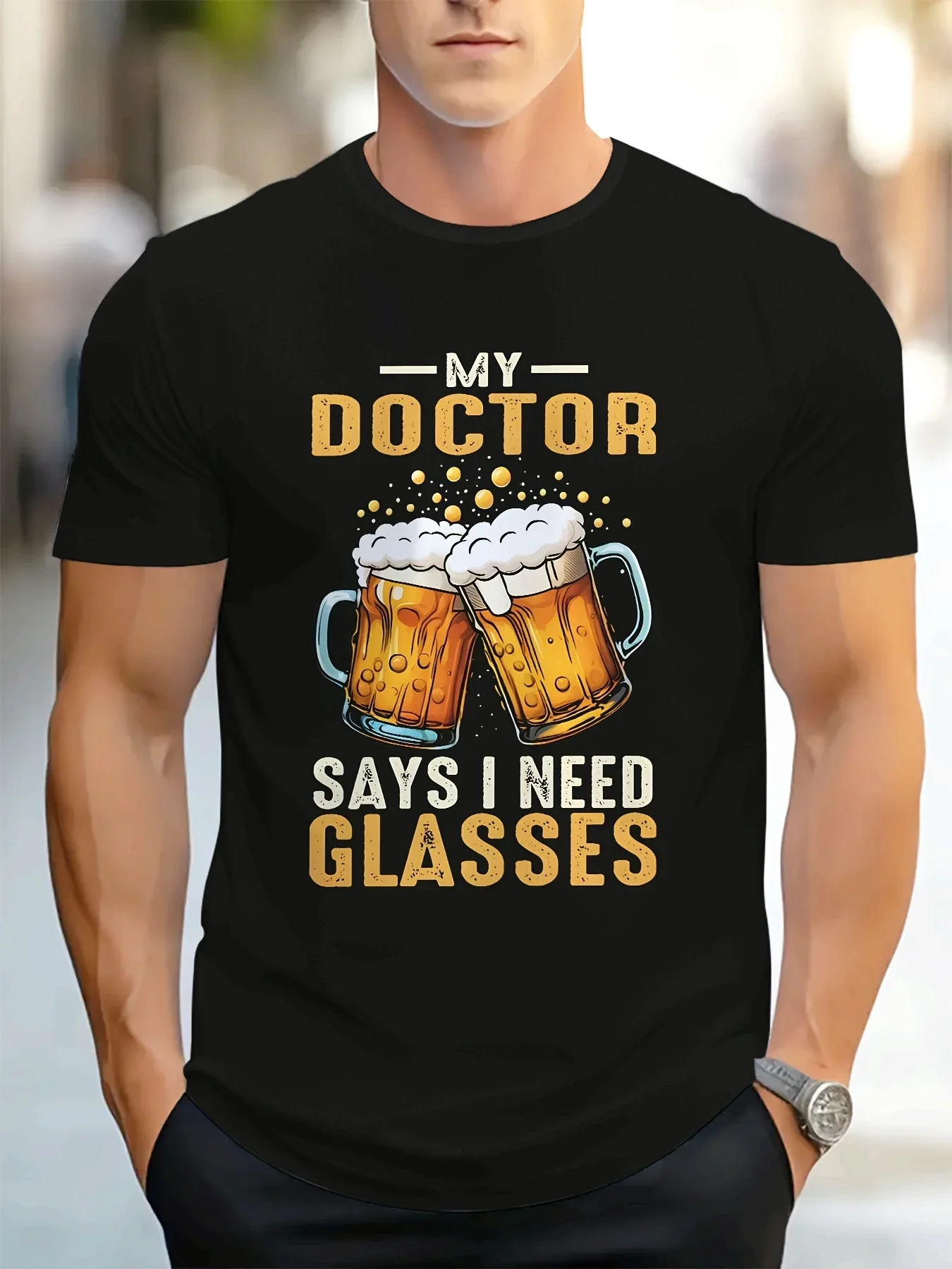 Funny Beer Graphic Men's T-Shirt My Doctor Says I Need Glasses Quote Print Crew Neck Casual Tops Party Style Summer Short Sleeve