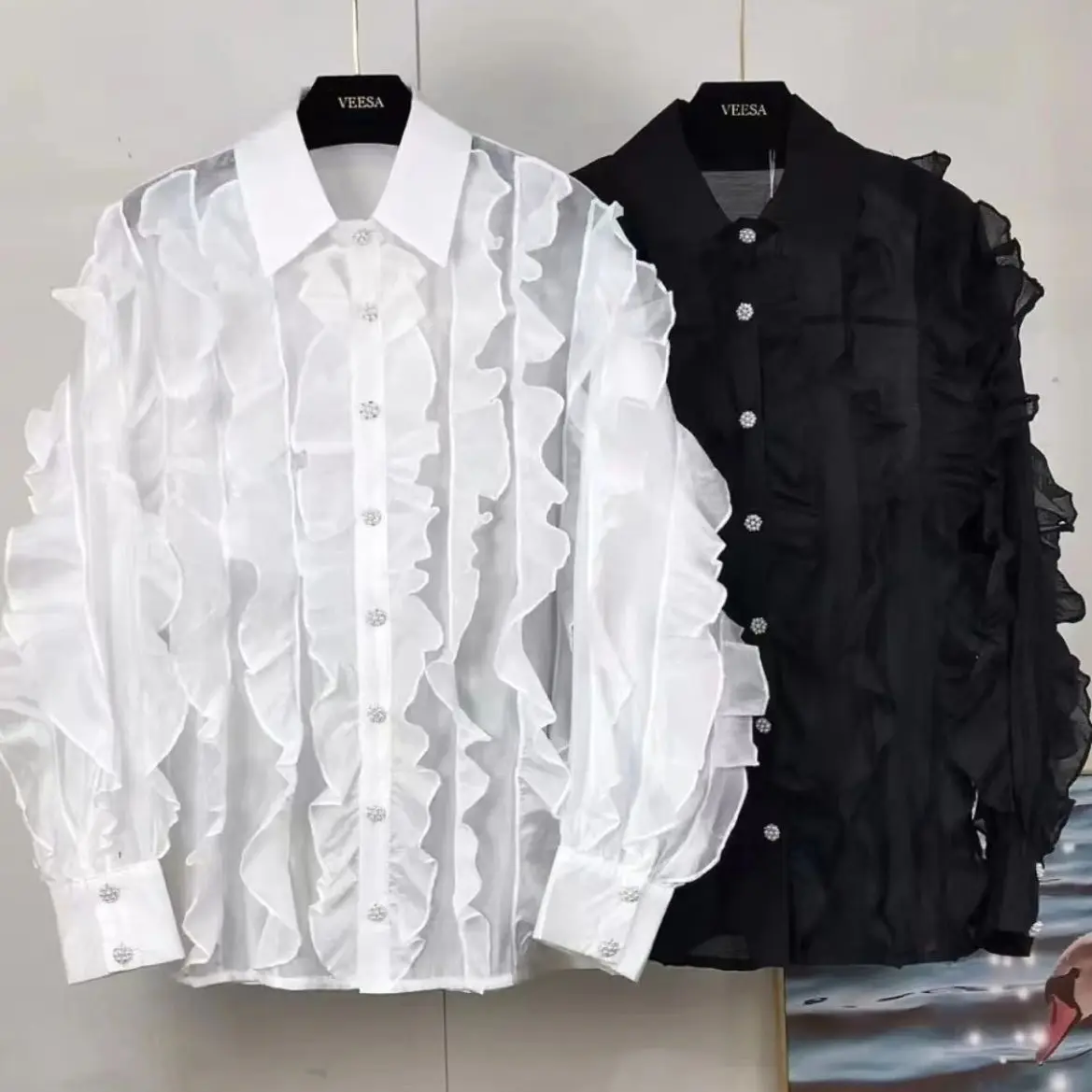 New In Ruffles Spliced Design Pears Buttons Shirts Blouses For Women White Single Breasted Fashion Top Women Clothing