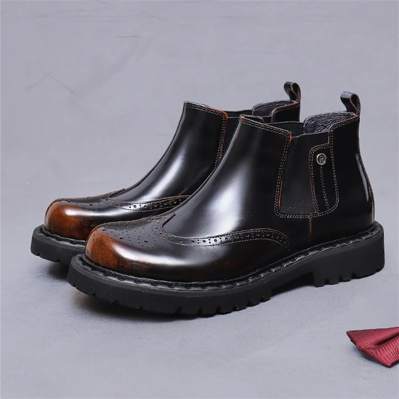 

Мужские блестящие ботинки челси из натуральной кожи в британском стиле на толстой подошве, ручной работы, из воловьей кожи, для делового стиля
