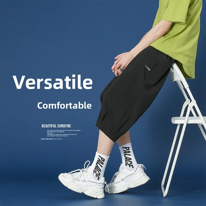 

Summer Men's Loose Fit Ice Silk orts Trendy Youth Active Sle Five Seven Split Pants Casual Spor Sle Student Faion