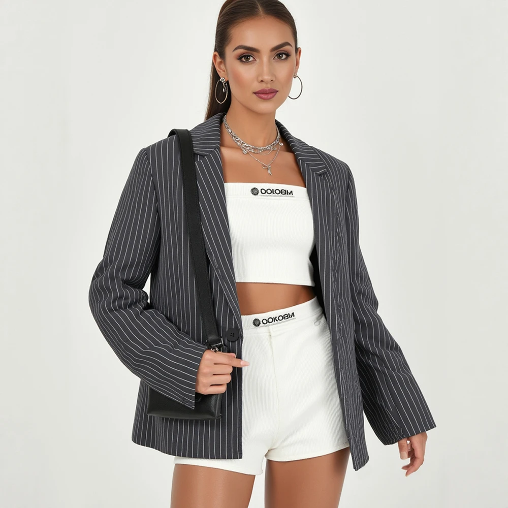 

Mia Muse Boutique Women's Blazers All Season Office Lady Decent Casual Fashion Stripes Long Sleeve Lapel Daily Blazers