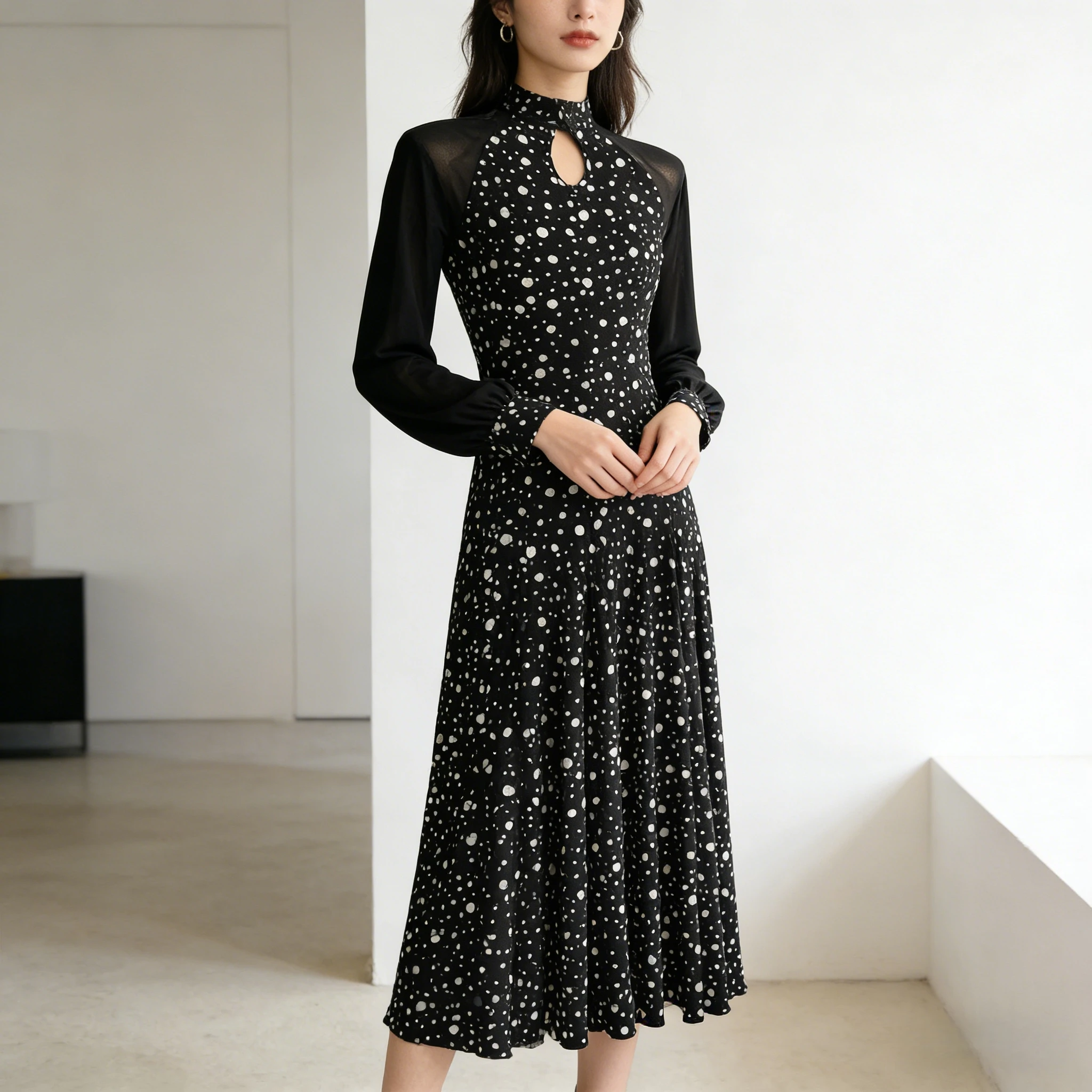 

Modern Dance Practice Clothes Black Polka Dot Stand Collar Dress Retro Temperament Slimming For Women's Ballroom Dance Skirt