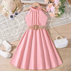 Solid Color Kids Girls Sundress Summer Children Sleeveless Gown Dress Hanging Neck Belt Princess Wedding Party Vestidos