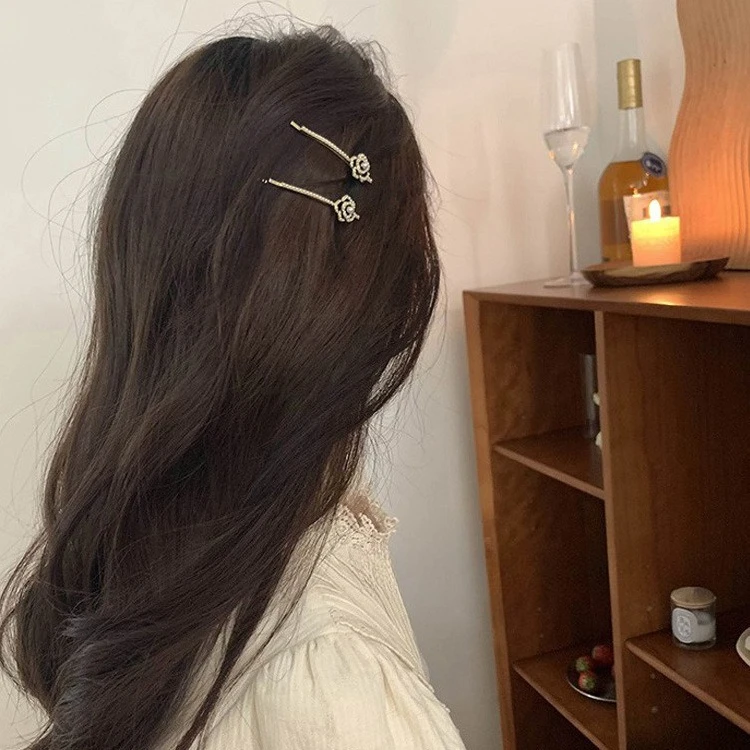 Pearl Camellia Flat Hair Clip for Women Side Fringe Holder French Tweed Style Rhinestone Sparkling Premium Daily Use