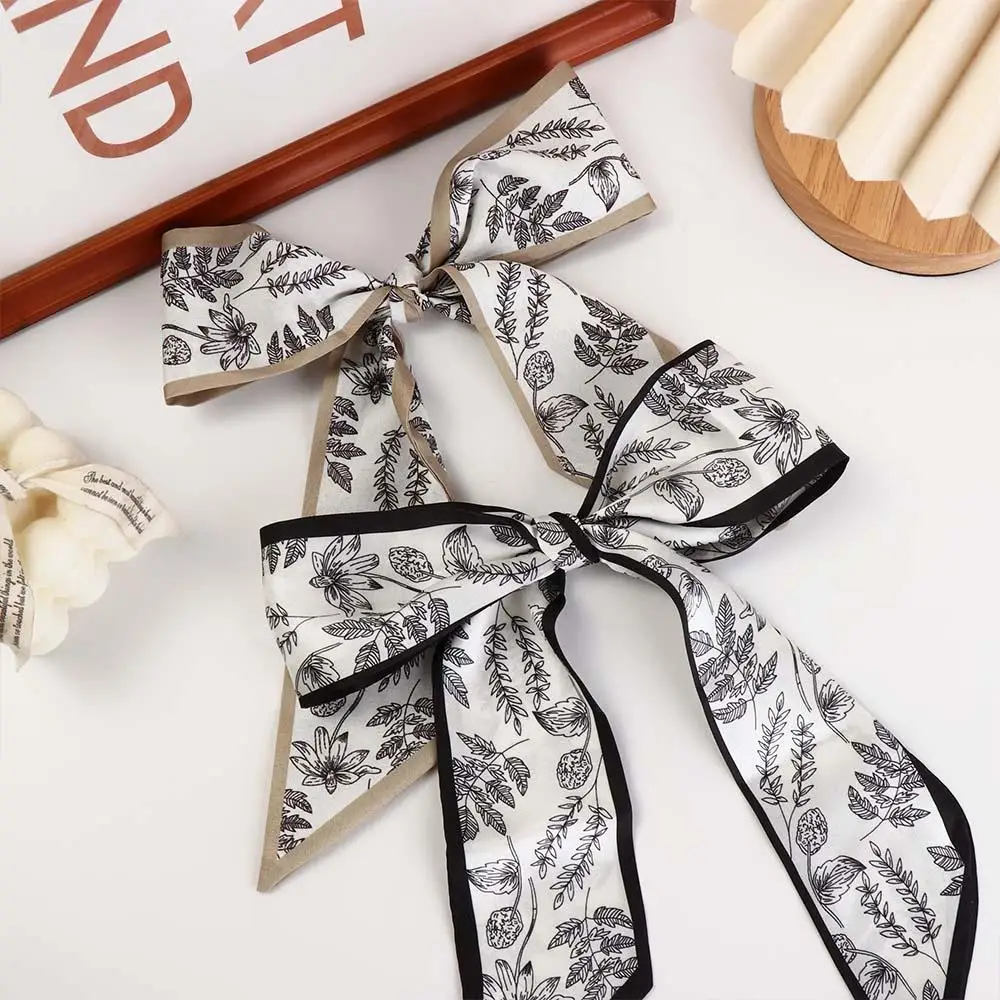 Style Scarves Ins Long Scarf Floral Leaf Sweet Neck Scarf Hair Bands Women Hair Ribbon Flower Printed Scarf Satin Silk Scarf