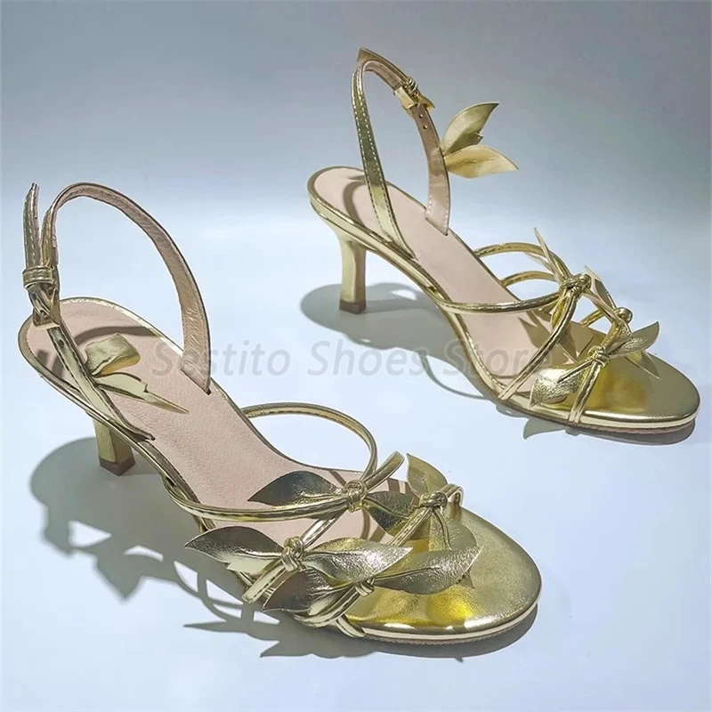 

Gold Leaves Thin High Heel Women Sandals Fashion Knot Back Strap Stiletto Heels Elegant Ladies Partybanquet Wedding Dress Shoes